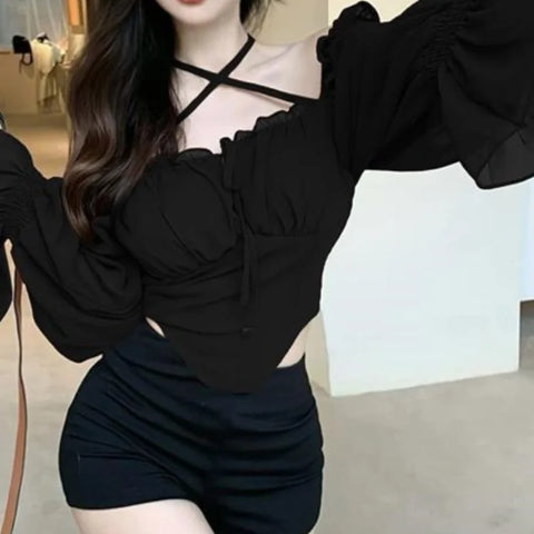 Fairy-grunge Style Blouse with Puff Sleeves and Cross Straps