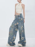 Flower Denim Pants in Soft Girl Style with Wide Leg