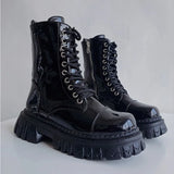 Gothic Biker Combat Boots for Women Elegant Short Shoes in Shiny Black