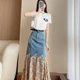 Soft-Girl Patchwork Maxi Jeans Skirt with Zipper