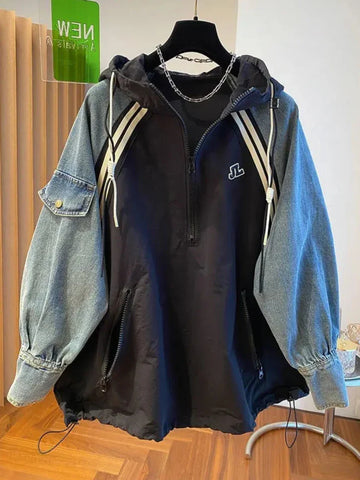 Oversized Patchwork Sweatshirt for Women in Y2K Style with Hood