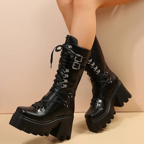 Gothic Motorcycle Boots for Women High-Quality Platform Boots with Lacing and Buckles in Black