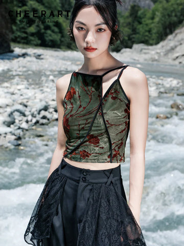 Grunge Crop Top with Backless Design and Floral Pattern for Summer