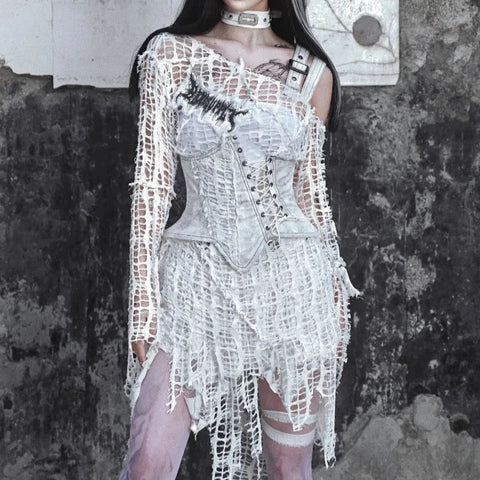 YKスタイルのカジュアルなブロークンネットトップ