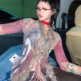 Alternative Grunge-Style Feather Shirt & Mesh Tops