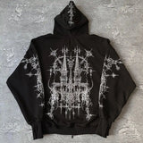 Engaging black hoodie with three-dimensional gothic patterns