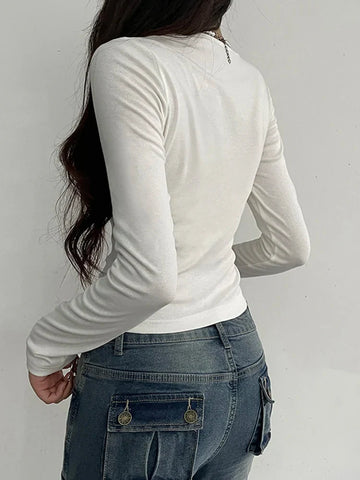 White Long Sleeve Shirt with Lacing and Lace in Y2K Style
