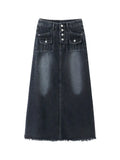E-Girl Retro Grauer Maxi Jeansrock mit Hoher Taille