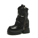 Y3K Chunky Heeled Boots for Women Mid-Calf Leather Boots with Zipper