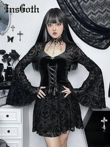 Gothic Ruffle Mini Dress with V-neck