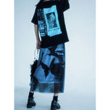 Gothic-Mesh Midi-Rock with Butterfly Print