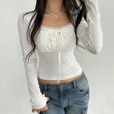 White Lace T-Shirt in K-Fashion Style with Cute Pleats
