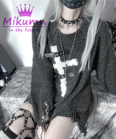 Long loose Grey Gothic sweater with cross and metal