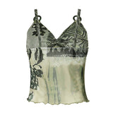 Y2K Graphic Print Camisole with Ring Detail Green V-Neck