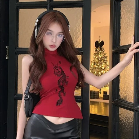 Sleeveless Turtleneck Top with Dragon Print in E-Girl Style