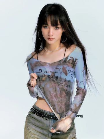 Light semi-transparent top in blue and brown in Y2k style
