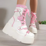 Gothic lolita Sweet Platform Lace-Up Boots in White and Pink