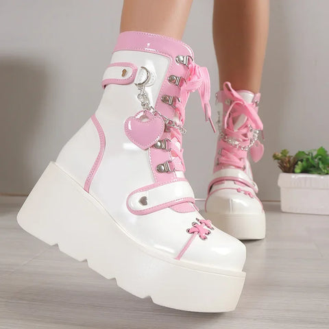 Gothic lolita Sweet Platform Lace-Up Boots in White and Pink