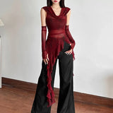 Red Mesh Hoodie with Ruffle Hem for Goth
