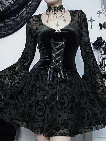 Gothic Ruffle Mini Dress with V-neck