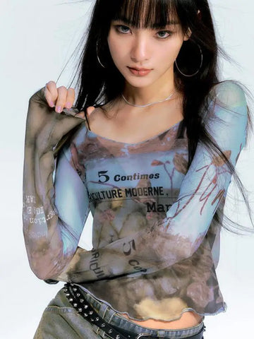 Light semi-transparent top in blue and brown in Y2k style