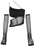 Asymmetric Cut-Out Mesh Crop Top with Sleeves Fairy Grunge Style