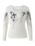 Funky Y2K Long Sleeve T-Shirt with Cross Wings Print