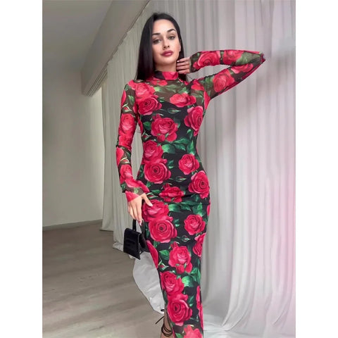 Attractive Long Sleeve Rose Dress in Retro E-Girl Style