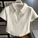 Ladies Crop Top with Polo Collar and Heart Embroidery in Korean Style