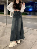 E-Girl Retro Grauer Maxi Jeansrock mit Hoher Taille