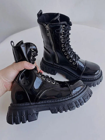 Gothic Biker Combat Boots for Women Elegant Short Shoes in Shiny Black