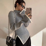 Korean Style Elegant Turtleneck Sweater in Cream with Contrasting Details