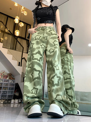Green Star Baggy Pants for Women 90s
