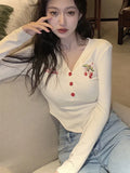 Spring-like V-neck Crop Top with Cherry Embroidery