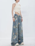 Flower Denim Pants in Soft Girl Style with Wide Leg