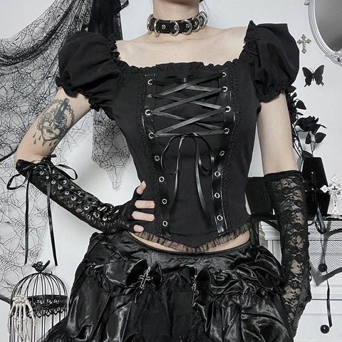 Women's Gothic Bandage Top in Black with Lace and Lacing