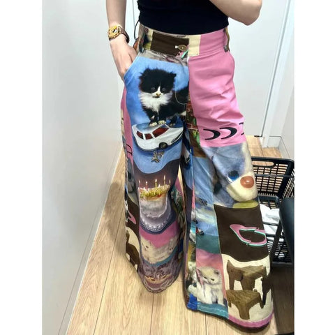 Gothic Y2K Wide Pants for Women with Cat Pattern and Colorful Print