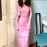 Y2K Maxi Dress with Rose Pattern for Women