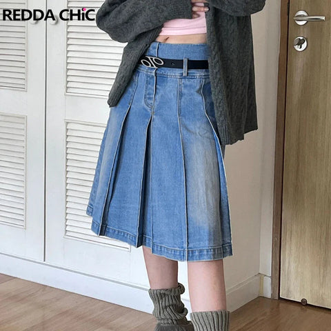 Jeans Midi Pleated Skirt in Acubi Style