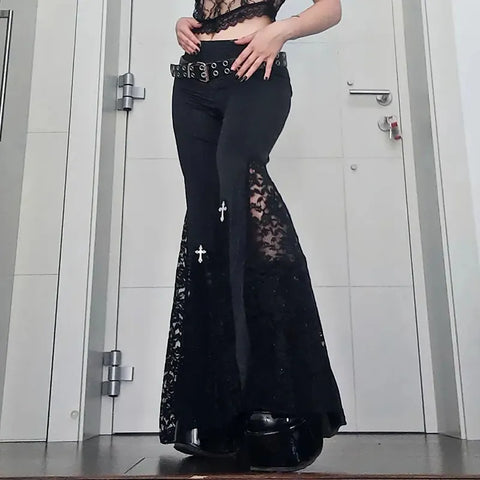 Black E-Girl Bell Bottoms with Lace and High Waist