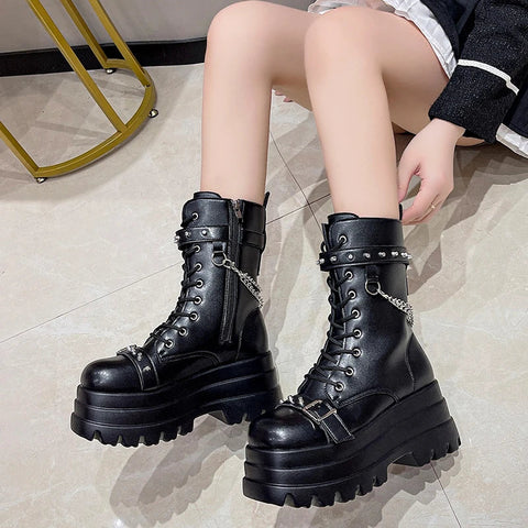 Thick Platform Boots for Women with Buckles – Gothic Motorcycle Style for Autumn and Winter