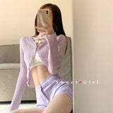 日焼け防止機能付きソフトガールスタイルのリラ・ストリックカーディガン