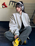 Oversized Grunge Beige Y2K Bomber Jacket for Women