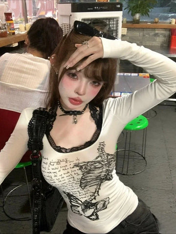Gothic Lace Patchwork T-Shirt for Women with Art and Text