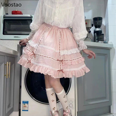 Sweet Japanese Lolita Mini Skirt with Ruffles and Bow
