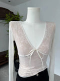 Vintage V-Neck Mesh Top with Lace and Bow in Y2K Style