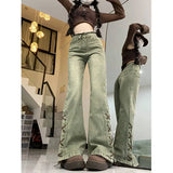 Grüne Y2K Micro-Flare Jeans mit Schnürdetails für Damen
