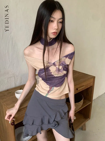 Y2K Style Floral Print Mesh Top with Off-the-Shoulder Cut