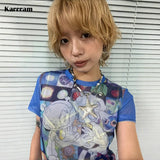 Stylish Japanese Anime T-Shirt with 2000s Mesh Aesthetic in Blue