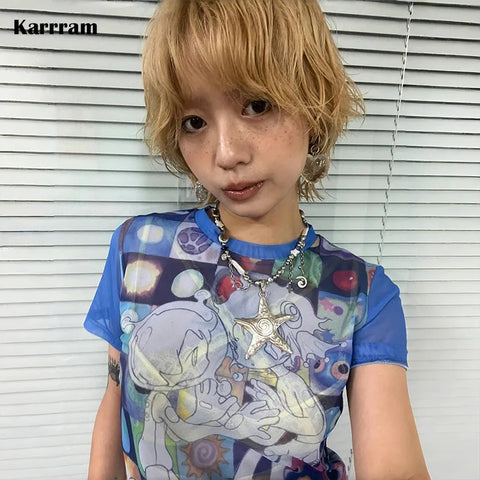 Stylish Japanese Anime T-Shirt with 2000s Mesh Aesthetic in Blue